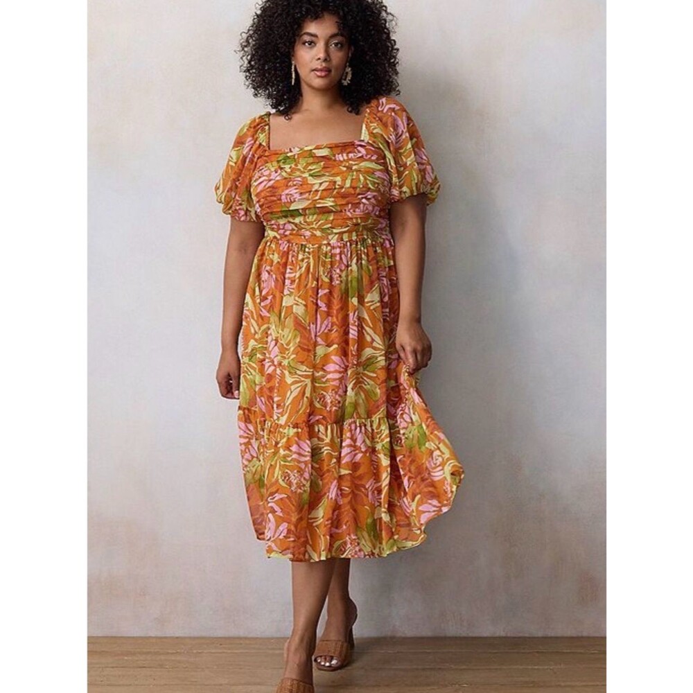 Plus Size 3X  LC Lauren Conrad Pleated Bodice Midi Dress Spice Misty Jungle